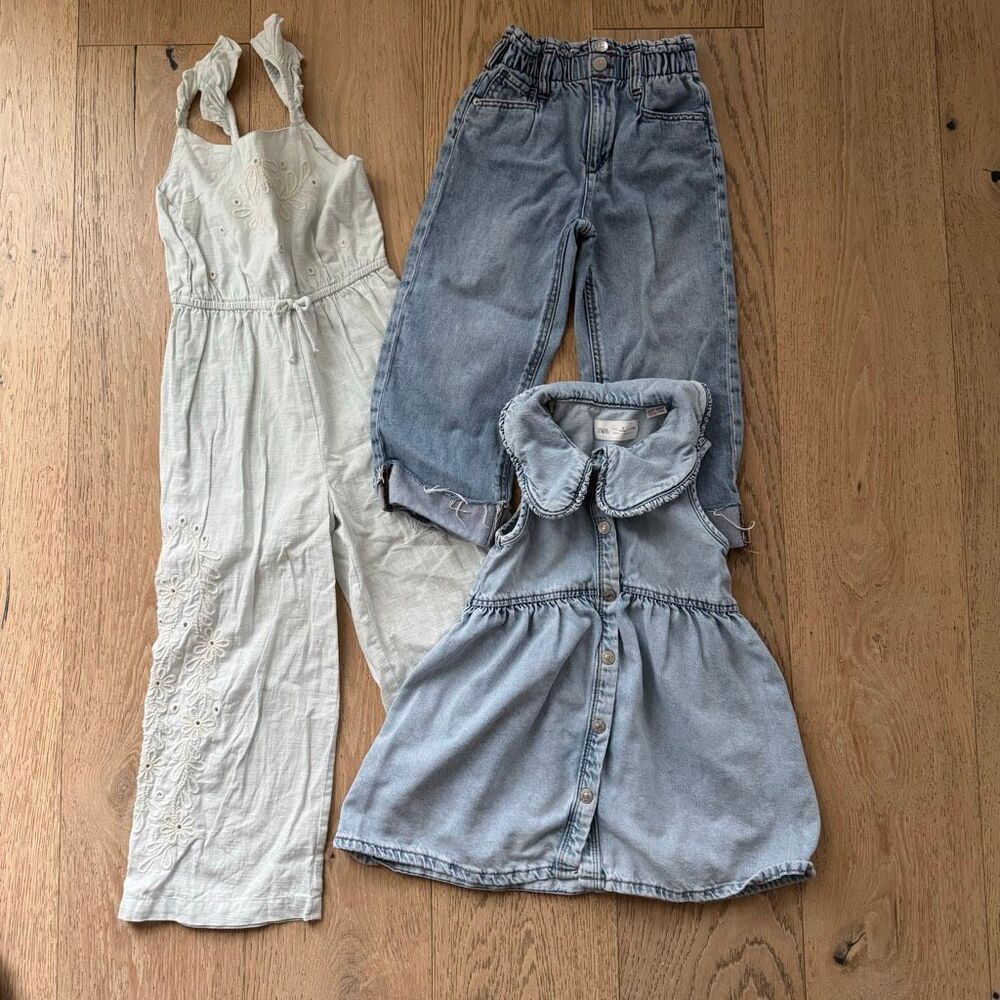 Zara X Sea New York Embroidered Romper Ruffle Denim Dress Jeans Size 5 Girls